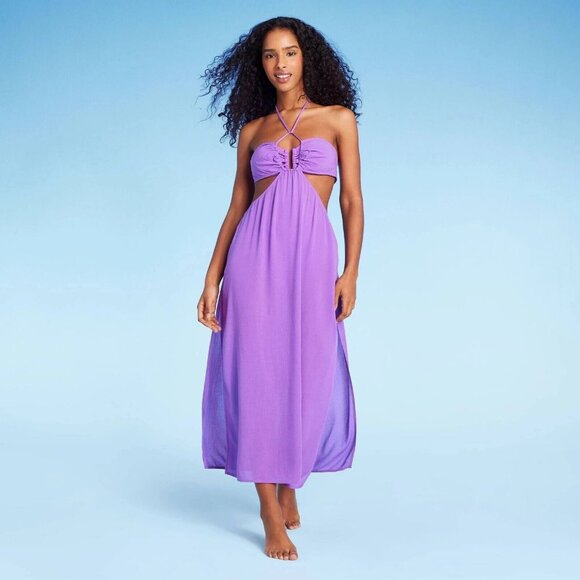 Shade & Shore Other - Shade & Shore Large 12-14 Purple Side Cut Outs Halter Midi Cover Up Swim Dress